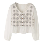 Women's square collar spliced chiffon long sleeves short small blouse Sai Feel